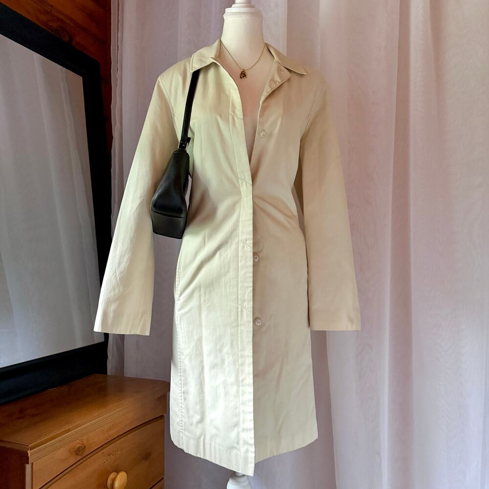 Jones New York Cream Trench Car Coat Colorful Lining Sz Medium Preppy City Chic